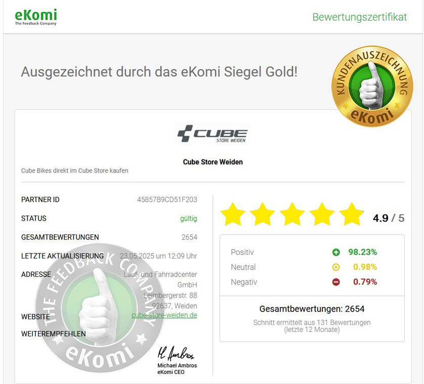 Cube Fahrräder kaufen im Cube Bikes Online Shop bewertet mit eKomi Siegel Gold